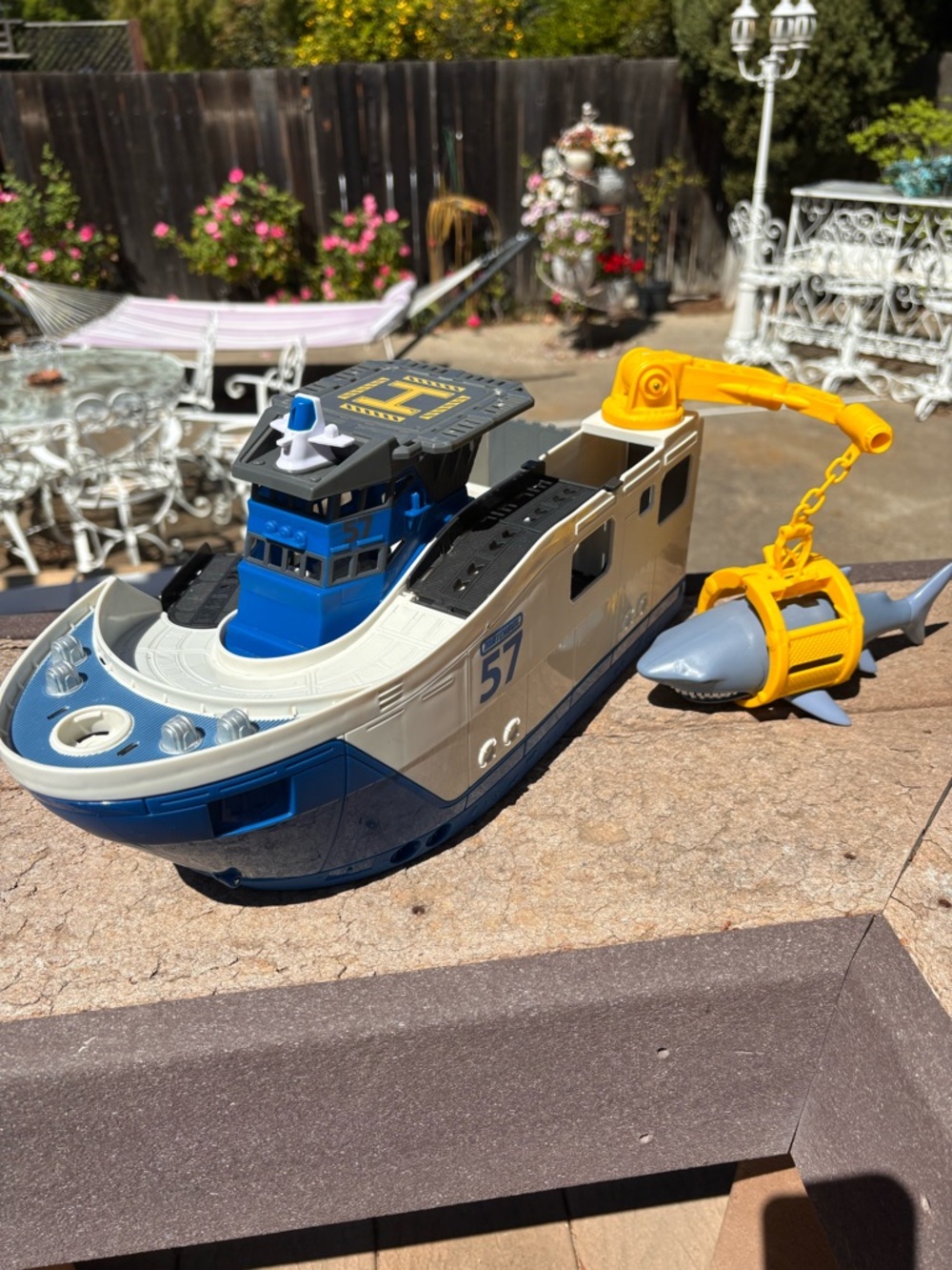 Mattel Blue White and Yellow Rescue Tug Boat Toy with Crane and Shark